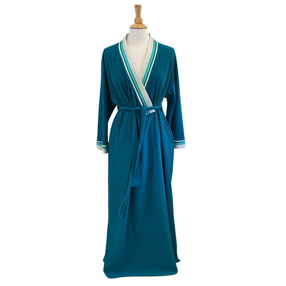 Vintage Vanity Fair Teal Velour Robe Trim, Belted, Hostess, Housecoat, USA, M